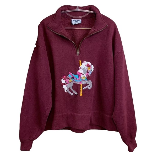 Vtg Lee Heavyweight Embroidered Horse Carousel Sweatshirt Burgundy Size Large - Picture 7 of 7